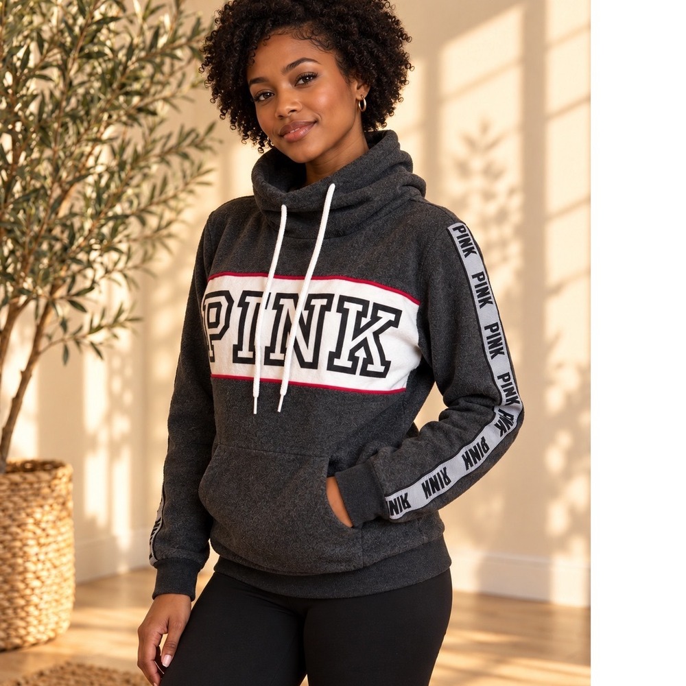 Victoria's Secret PINK Funnel Neck Hoodie Grey Logo Tape Pullover Small